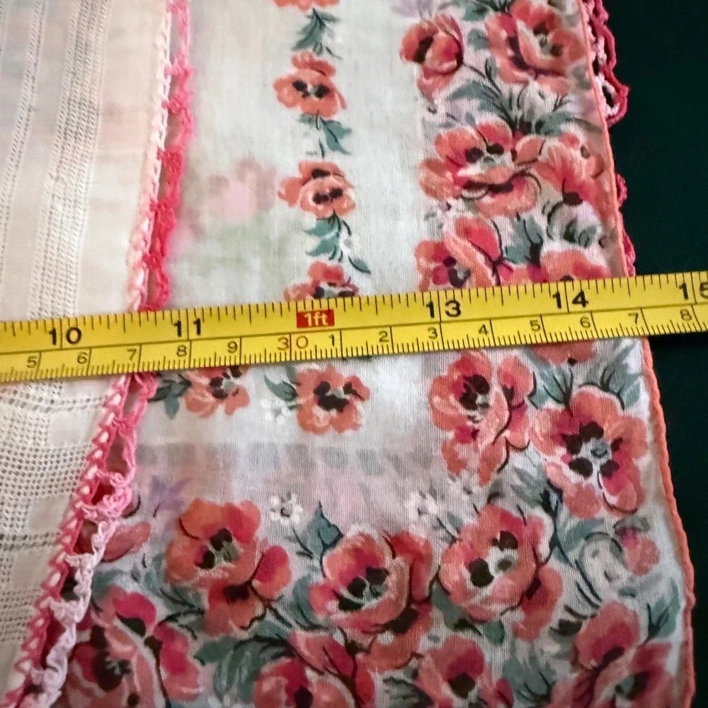 Vintage‎ Floral Handkerchief Set Pink White Lace Embroidered Cotton 3 Piece